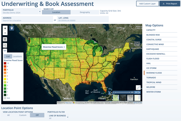 Screenshot of the uBAT landing page showing the Riverine Flood Risk Score across the nation.